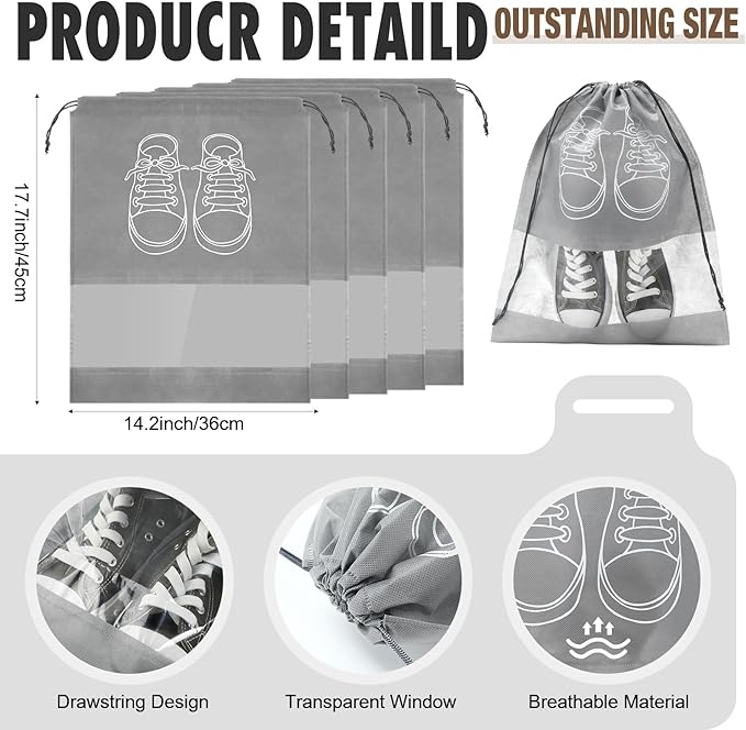 SATINIOR 12 Pcs 40 Garment Bags for Travel Shoe Bags for Packing, Men Suit Cover for T-shirts, Coats, Jackets, Uniforms, Clothes, Shoes, Sneakers(Grey)