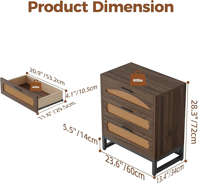 Mericonia 3 Drawer Rattan Dresser for Bedroom, Wood Dresser for Closet with Metal Handles, Small Boho Nightstand Sets, Dressers & Chests of Drawers for Bedroom, Hallway and Entryway, Walnut
