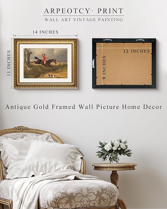 ARPEOTCY Gold Framed Canvas Wall Art, 11x14 Inch Vintage Equestrian Fox Hunting Painting, Classic Horse and Rider Artwork, English Country Hunt Decor for Living Room, Office, or Study