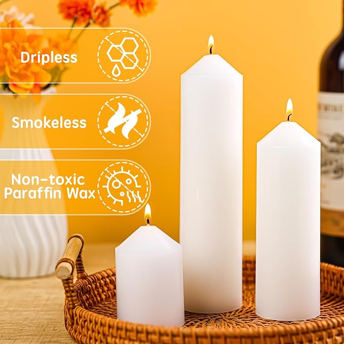 3 Pcs White Pillar Candles Bulk,2x3 2x6 2x8 Inch-1 Each Size,Large Christmas Pillar Candles Set of 3,Unscented Dripless Smokeless Hurricane Candles for Wedding Engagement Party Event Ceremony