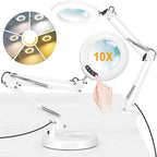 10XMagnifying Glass with Light and Stand (No Acrylic Lens), 2-in-1 Lighted Magnifier with Clamp, 5 Color Modes Dimmable LED Desk Lamp Hands Free for Painting Craft Sewing Hobby Close Work White