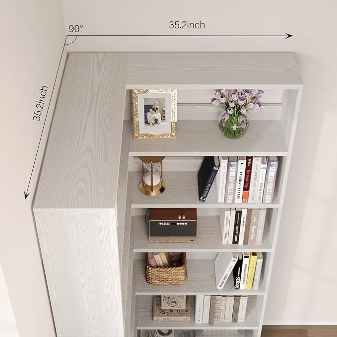 4 EVER WINNER Corner Book Shelf with LED Lights, 71” Corner Bookshelf for Living Room, Study Room, Wooden Storage Display Industrial l Shaped Bookshelf, White