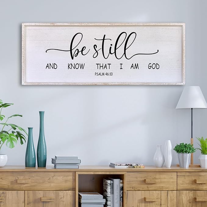 Surfapans Be Still and Know that I am God Wall Decor 40"x15" Large Farmhouse Family Living Room Vintage Religious Bible Verses Entryway Sign Wood Framed Scripture Hallway Hanging Wall Art (White)