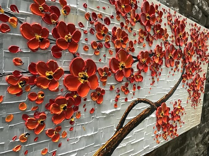 YaSheng Art - hand-painted Oil Painting On Canvas Texture Palette Knife Red Flowers Paintings Modern Home Decor Wall Art Painting Colorful 3D Flowers Tree Paintings Ready to hang 24x48inch