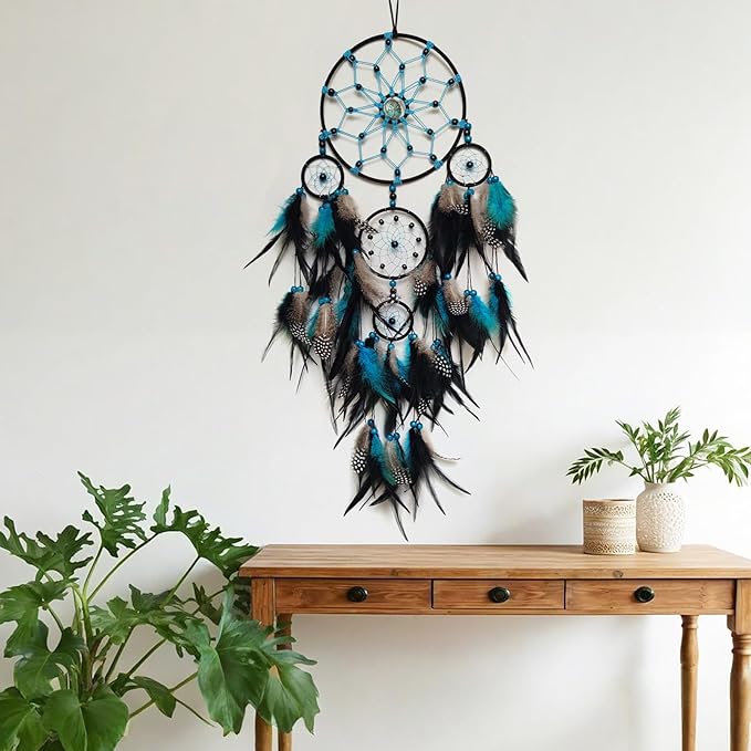 Large Dream Catcher Wall Decor Blue and Black Dream Catchers with Tree of Life Pendant Bead Handmade Feather Dreamcatcher Wall Hanging Ornament for Bedroom Living Room Home Decor
