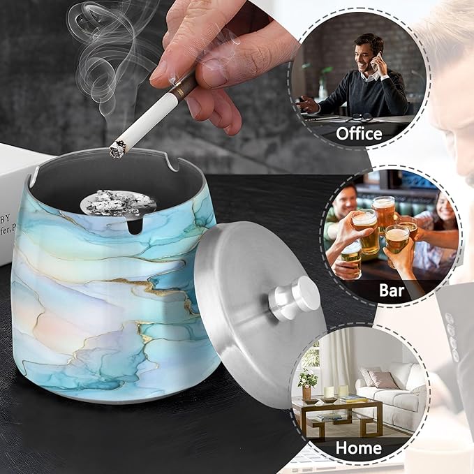 Aqua Blue Gold Marble Textures Ashtray with Lid, Outdoor Ashtrays for Patio, Stainless Steel Ashtray Odorless Smokeless for Home Office Balcony