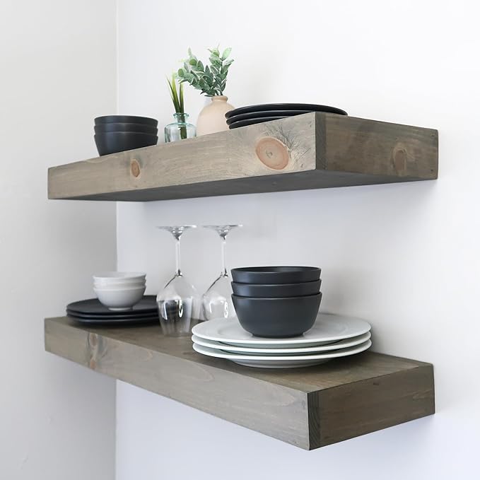 Urbandi Modern Floating Shelves 3 Inches Thick for Wall, Wide Shelves for Kitchen, Living Room, Bedroom, and Bathroom, Natural Pine Wood, Rustic Wooden Shelf, (Set of 2) (Aged Barrel, 48Lx3Hx6D)