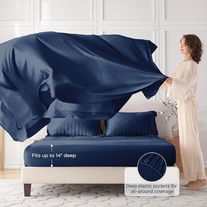 MUXHOMO 5 Pieces Twin Comforter Set, Seersucker Bed in a Bag Twin Size, All Season Luxury Bedding Set with Comforter, Flat Sheet, Fitted Sheet, Pillowcase & Sham, Navy Blue