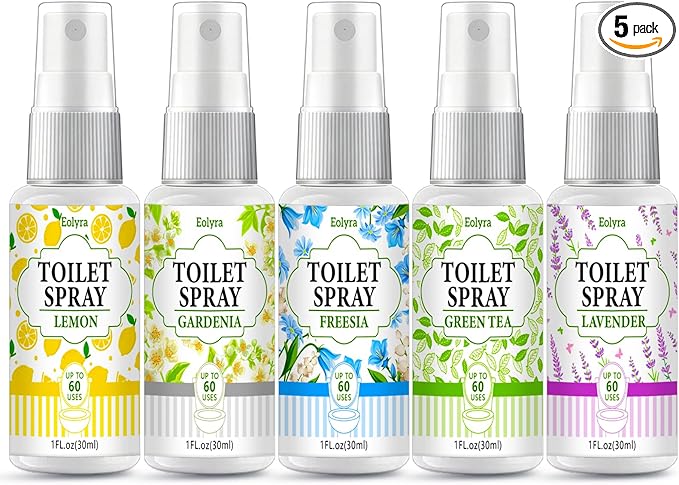 Toilet Spray, Bathroom Odor Eliminator, Each 1 Fl Oz Travel Size, Air Freshener Spray for Bathroom Deodorizer, 5 Pack Travel Essentials - Lemon, Gardenia, Freesia, Green Tea, Lavender
