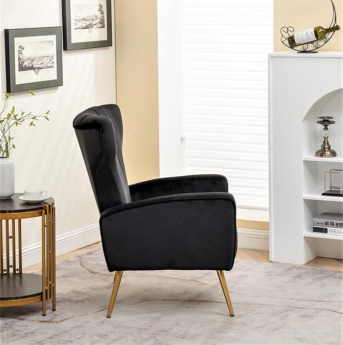Modern Velvet Accent Chair, Channel Tufted Bedroom, Office or Living Room Furniture with Elegant Metal Legs, 26" Wide Armchair, Black