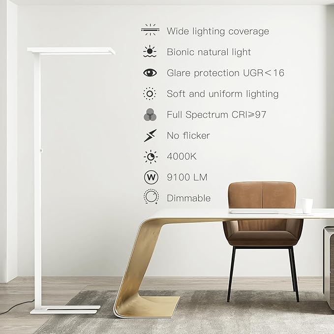 STERREN 76" Led Floor Lamp, 120W White Modern Free-Standing Lamp,9100LM Dimmable Full Spectrum Eye-Care Tall Reading Lamp for Study Room,Office,Meeting Room,4000K Natural Daylight