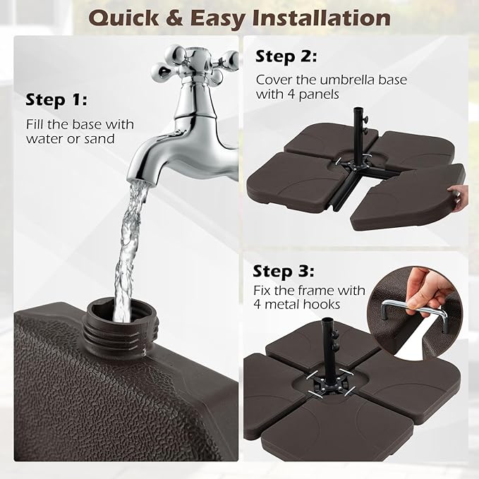 Tangkula Umbrella Base Set of 4, Cantilever Offset Umbrella Stand with HDPE Frame, Water & Sand Filled Refillable Base, Easy-Fill Spouts for Patio, Poolside (Brown)