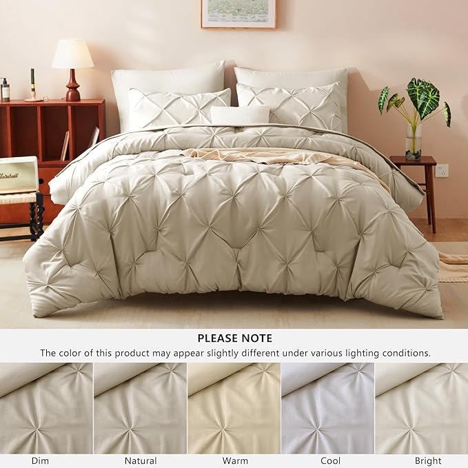 CozyLux King Size Comforter Set Oatmeal, 7 Pieces Pintuck Bed in A Bag Oatmeal Comforter King Size, Pinch Pleat Bedding Set with All Season Comforter, Sheets, Pillowcases & Shams