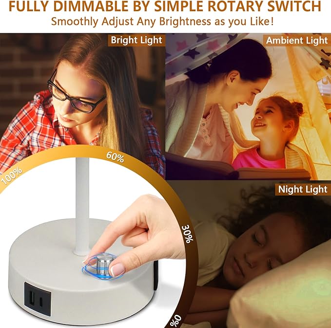 HiBay 2-Pack 17.75" Dimmable Bedside Table Lamps with 2 USB Charging Ports & AC Outlet, Modern White Nightstand Lights with Round Fabric Shade for Bedroom Living Room Office, Bulb Included