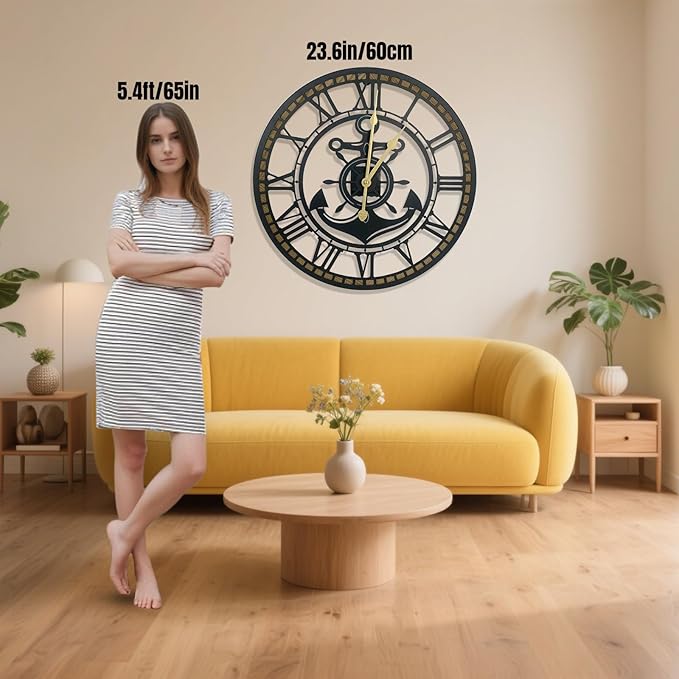 24 Inch Wall Clock, Anchor Wall Clock, Silent Non Ticking, Battery Operated Large Decor Clocks for Living Room Decor, Kitchen, Office (Nautical Style)