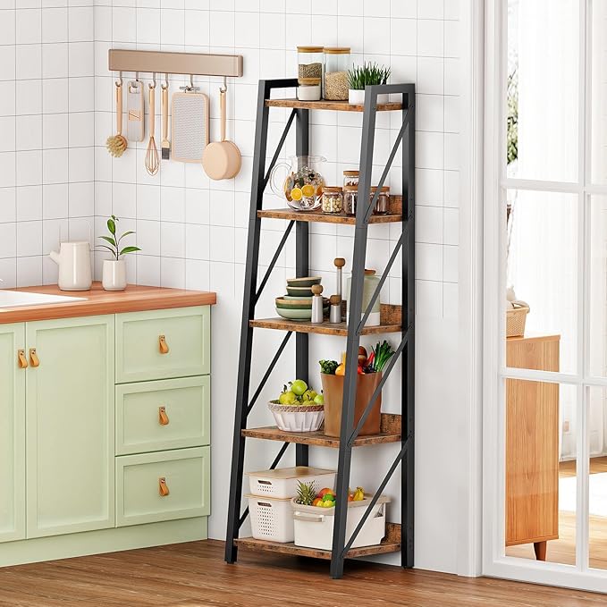 HOOBRO Ladder Shelf, 5-Tier Bookshelf, Corner Bookcase, Freestanding Storage Shelf Display Organizer, for Living Room, Bedroom, Home Office, Kitchen, Rustic Brown and Black BF305CJ01
