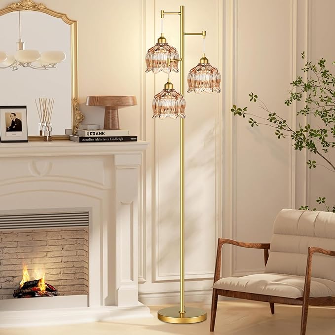 Gold Floor Lamp for Living Room Bedroom,Modern Floor Lamps with Unique Glass Shades,68IN Mid Century Tall Standing Lamp,Vintage Tree Floor Lamp for Corner Office Reading,3 Light Bulb Included
