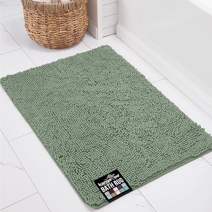 KANGAROO Bathroom Rugs, Chenille Soft Absorbent Bath Rug, Shaggy Shower Mat, Quick Dry Machine Wash Bathmat, Plush Carpet Mats for Tub, Bathtub and Room Home Decor Accessories, 42x24, Sage