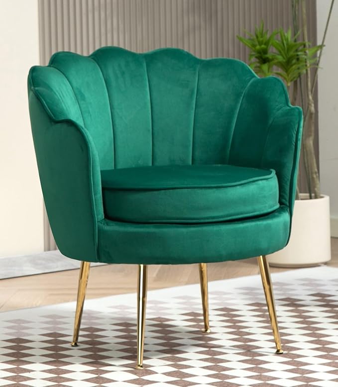 Velvet Barrel Accent Chair with Scalloped Silhouette and Gold Metal Legs, Decorative Piece Suitable for Traditional, Modern, and Contemporary Spaces, Green