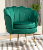 Velvet Barrel Accent Chair with Scalloped Silhouette and Gold Metal Legs, Decorative Piece Suitable for Traditional, Modern, and Contemporary Spaces, Green