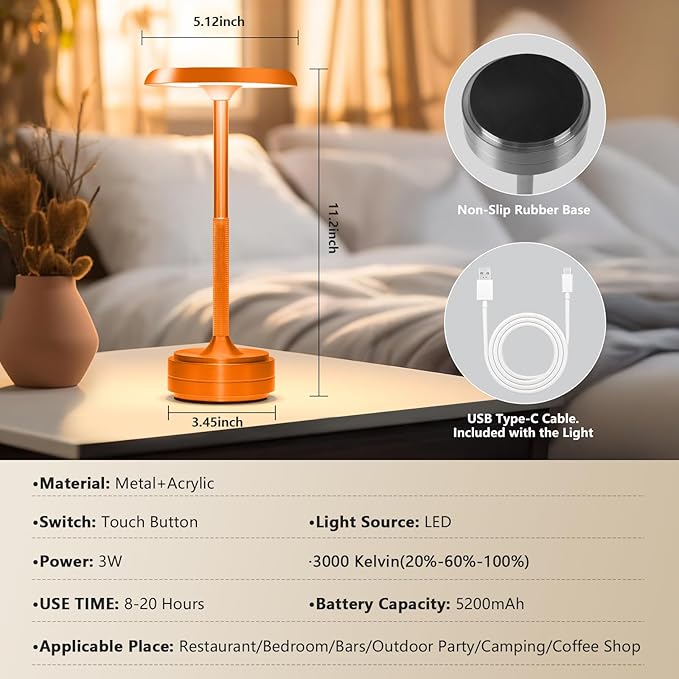 Rechargeable Cordless LED Table Lamps Touch Sensor Light, 3-Levels Portable Dimming Wireless Battery Operated Lamp，Nightstand Lamp/Night Light/Restaurant Table/Outdoor/Coffee/Bar (Orange)