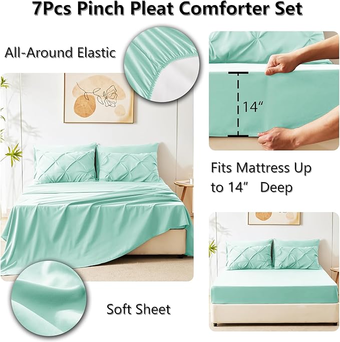 CozyLux Queen Comforter Set Mint Green, 7 Pieces Pintuck Bed in A Bag, Premium Green Comforter Queen Size, Pinch Pleat Bedding Sets with Comforter, Flat Sheet, Fitted Sheet, Pillowcases & Shams