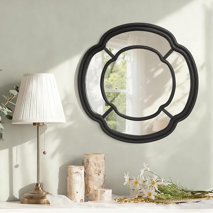 Black Wall Mounted Mirror, Irregular Circle Hanging Mirror Wooden Wavy Framed Round Decorative Mirrors for Hallway Entryway Vanity Decor 20 Inch Mirrors