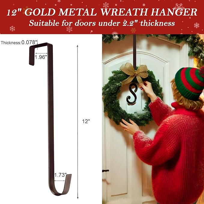 12" Metal Wreath Door Hanger, Non-Scratch Wreath Hangers for Front Door, Heavy Duty Over-the-Door Hooks for Hanging Welcome Sign, Easter, Halloween, Fall, Christmas Decoration, Holds up to 20 lbs