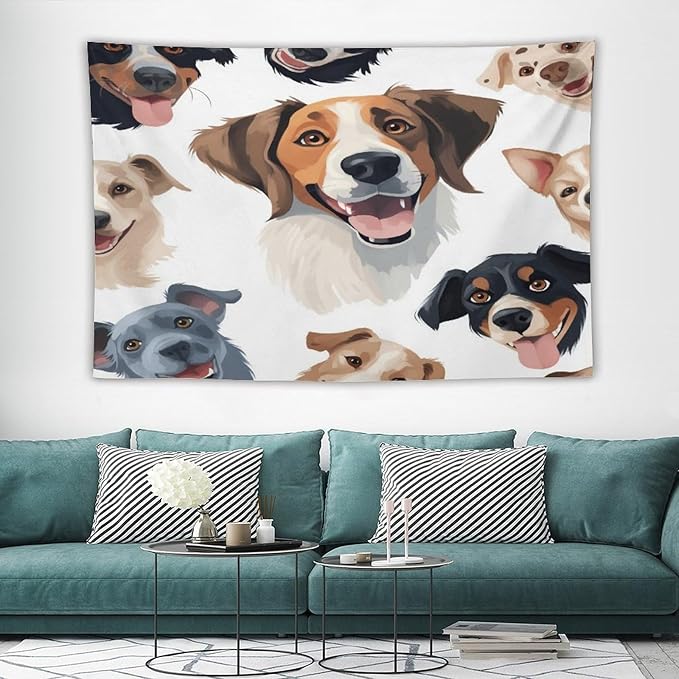 VUMIVI Cartoon Dog Tapestry Black & White Pet Dog Heads Cute Illustration Modern Creative Design Tapestry Wall Hanging for Living Room Bedroom Dorm Classroom Aesthetic Decor W90xL60in