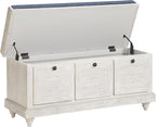 OSP Home Furnishings Dover Coastal Lift-Top Storage Bench with Shutter Face Styling, Distressed White Finish with Navy Fabric Cushion