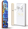 SURI Wooden Mezuzah with Printed Scroll for Door – 5 Inch Chagall Inspired Blue Jewish Door mezuzah Cover, Self-Stick Adhesive, Fits a 4 Inch Scroll, Gift Box Included