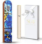 SURI Wooden Mezuzah with Printed Scroll for Door – 5 Inch Chagall Inspired Blue Jewish Door mezuzah Cover, Self-Stick Adhesive, Fits a 4 Inch Scroll, Gift Box Included