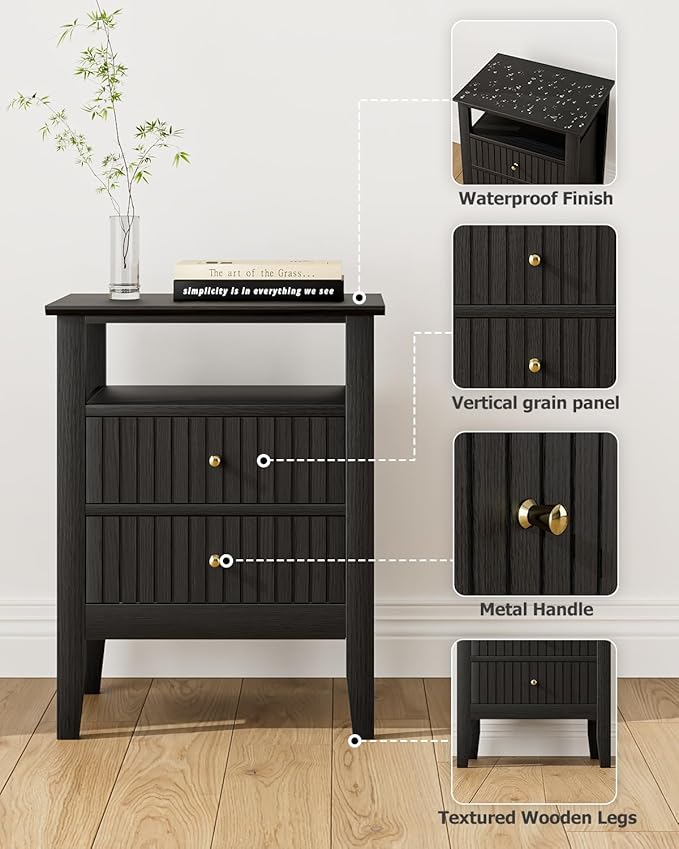 Fluted Nightstand, Farmhouse Night Stand with 2 Drawers, Mid Century Modern Side Accent Table,Bedside End Table for Bedroom, Living Room, Black