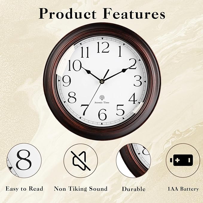 Atomic Wall Clock 10 Inch, Silent Non-Ticking Vintage Clock Battery Operated Classic Analog Decorative for Kitchen, Living Room, Office, Bedroom, Bathroom (Bronze)