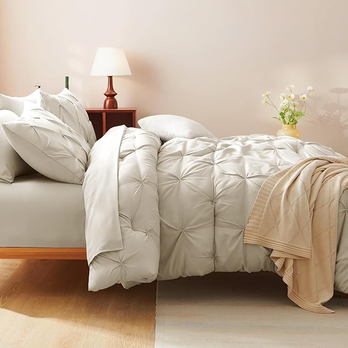 CozyLux King Size Comforter Set Oatmeal, 7 Pieces Pintuck Bed in A Bag Oatmeal Comforter King Size, Pinch Pleat Bedding Set with All Season Comforter, Sheets, Pillowcases & Shams