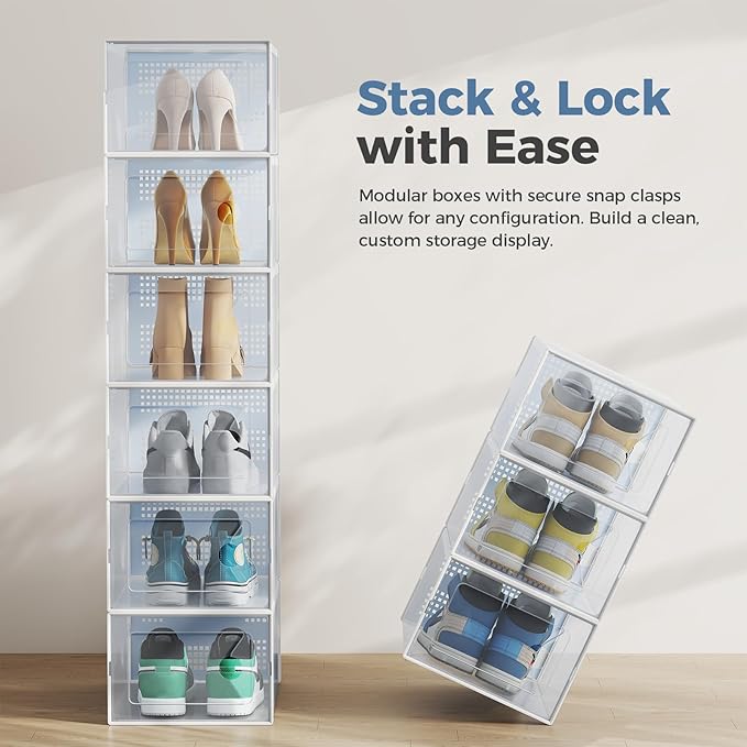 DUMOS Clear Shoe Storage Boxes, 12-Pack Plastic Stackable Shoe Containers with Lids, Display Sneaker Case Organizer for Closet, Under Bed, Entryway,White (Fit Size 9)