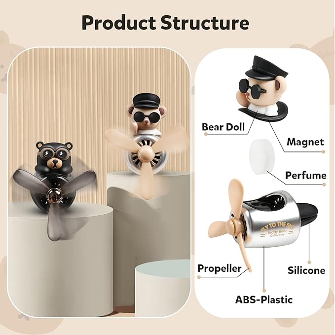 Bear Pilot Car Fresheners Vent Clip Cute Teddy New Car Scent Automotive Air Fresheners Cartoon Air Outlet Aromatherapy Ornament Thank You Gifts for Him Her Friends, Families