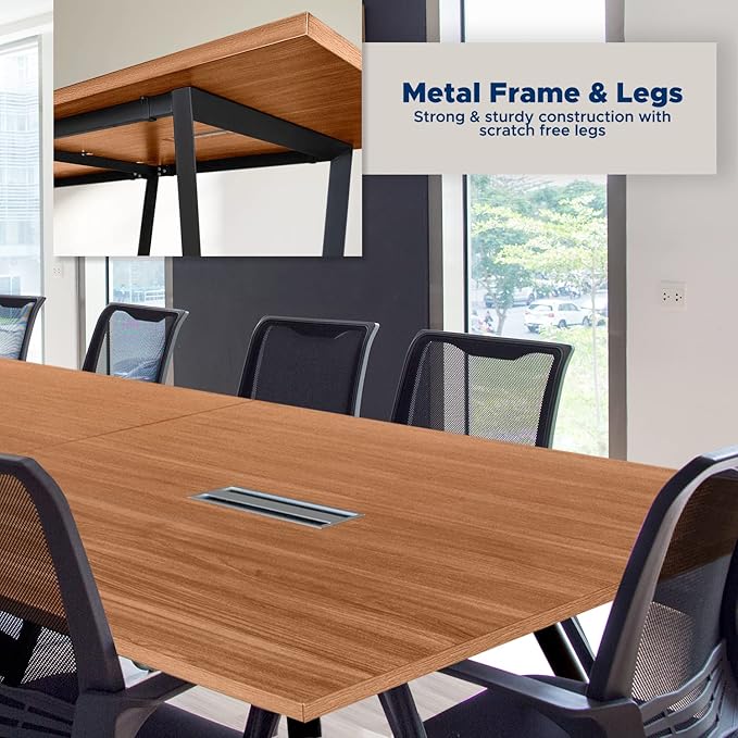 Sturdy Conference Table with Cable Management Grommets Modern Rectangle Office Meeting Table with Wood Tabletop and Metal Frame & Legs- Easy Assembly Boardroom Table (Natural, 8 Foot)