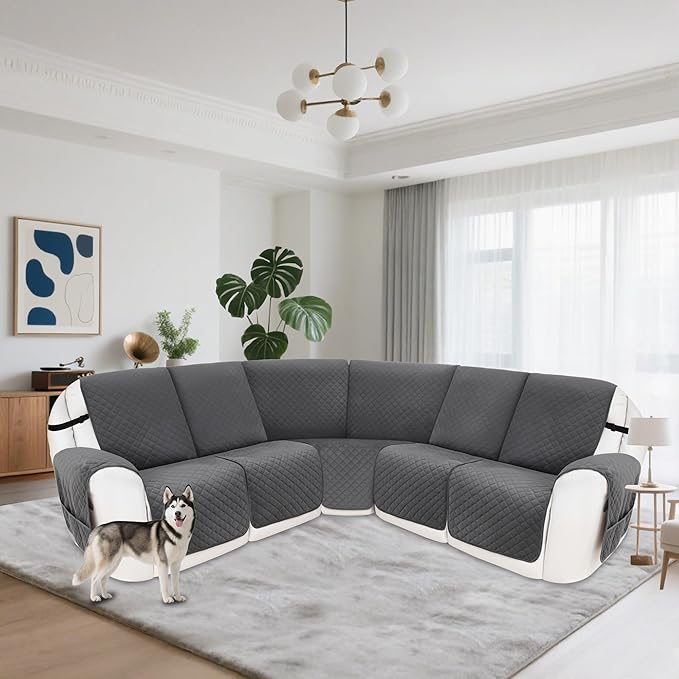 Reclining Sectional Couch Covers 100% Waterproof Recliner Cover Washable Velvet L Shape Recliner Sofa Covers for Dogs Pets Anti Slip Recliner Slipcovers with Pockets (5 Seat Sofa, Dark Gray)