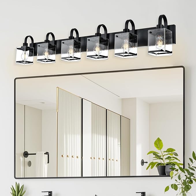 6 Light Bathroom Vanity Lights Fixtures, Black Bathroom Wall Lights Modern Bath Wall Mounted Lights with Clear Glass Shade Wall Light for Mirror Bed Hallway (E26 Base)