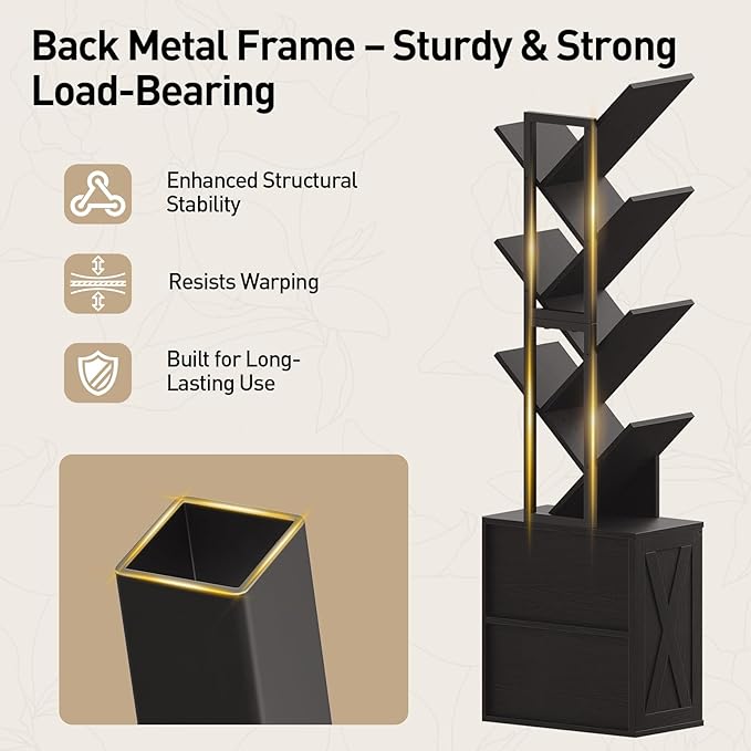 Tree Bookshelf, 6 Tier Bookcase with 2 Storage Racks, Free Standing Wooden Bookcase, Floor Standing Book Shelf Organizer for Living Room, Bedroom, Study, Home Office, Black