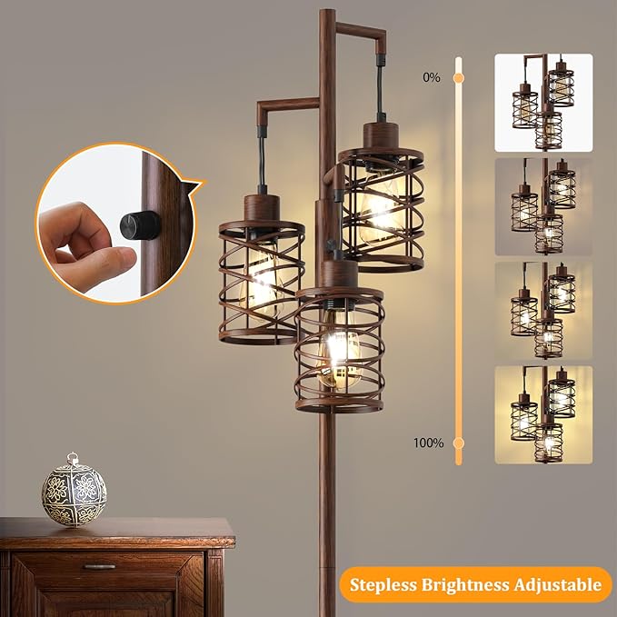 Oneach 70" Industrial Floor Lamp, Stepless Dimmable Standing Lamp with 3 Bulbs, Farmhouse Corner Standing Tree Lamp for Living Room, Tall Lamps for Bedroom, Office, Study Room, Dining Room