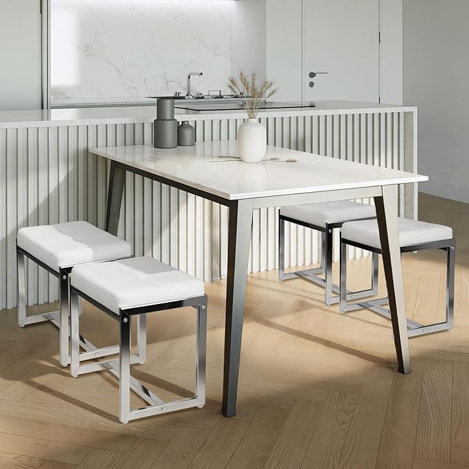 Vanity Stool, Vanity Chair Stools for Makeup Room, Faux Leather Small Makeup Bench, Modern Silver Metal Legs Ottoman Foot Rest for Bedroom Living Room, White & Silver
