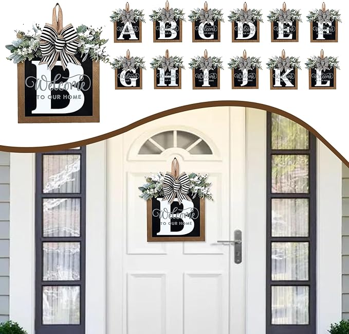 Ultra Large 14'' Last Name All Year Round Front Door Wreath with 26 Initial Letter Welcome Sign All Seasons Eucalyptus Garland and Bow Wreaths for Front Door Porch Farmhouse Decoration (B)