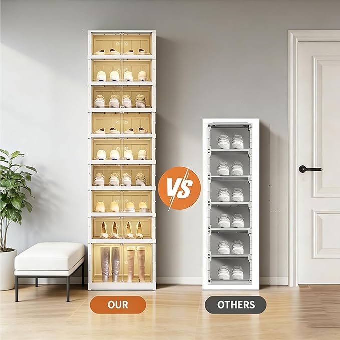 9Tier Foldable Shoe Rack Organizer for Closet,18Pairs Collapsible Plastic Shoe Shelf,Large Shoes Cabinet with Door,Clear Stackable Storage Box Easy Assembly,for Living Room(9Tier18Pairs Cream White)