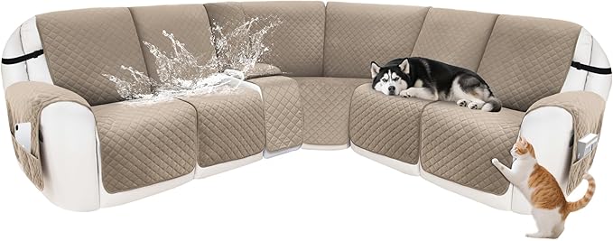Recliner Sofa Covers 100% Waterproof Velvet L Shape Recliner Couch Covers for Dogs Pets Washable Anti Slip Recliner Slipcovers with Pockets (5 Seat Sofa with 1 Console, Khaki)