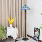 Tiffany Floor Lamp Blue Mediterranean Style Stained Glass Floor Light Bright Lighting Rustic Standing Lamp Vintage Unique Bronze Reading Corner Lamp for Home Decor Living Room Bedroom 16X16X64 Inches