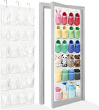 Over The Door Shoe Organizer with 24 Crystal Clear Pockets and Metal Hooks – Heavy Duty Hanging Shoe Storage Rack for Closet, Bathroom, Dorm – Space Saving for Shoes, Accessories, Toys (White)