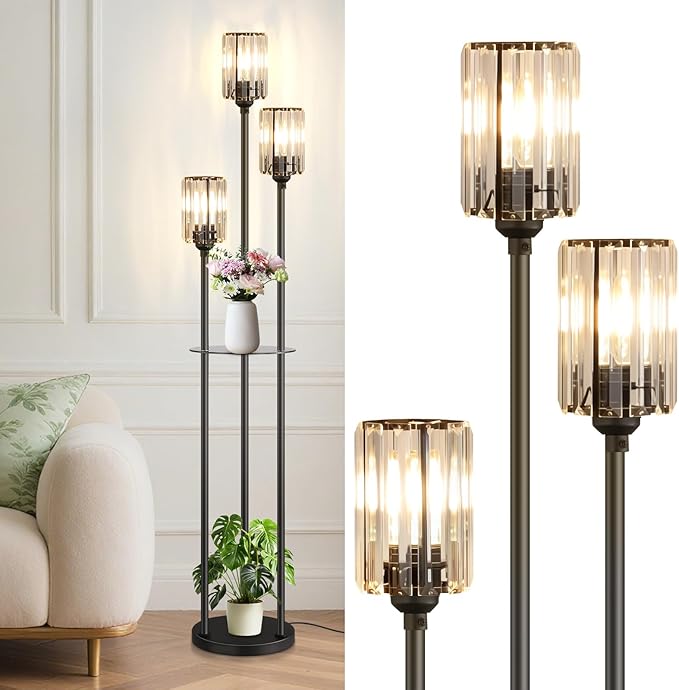 Crystal Floor Lamps for Living Room, Glass Modern Floor Lamp with Shelves, Mid Century Standing Lamps with Table, Brass Tall Lamp with Crystal Shade Vintage Retro Corner Floor Lamp (Black)