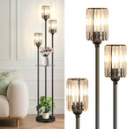 Crystal Floor Lamps for Living Room, Glass Modern Floor Lamp with Shelves, Mid Century Standing Lamps with Table, Brass Tall Lamp with Crystal Shade Vintage Retro Corner Floor Lamp (Black)